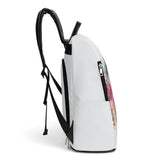 White PU leather women's anti-theft backpack with colorful artistic print, black straps, and zipper details