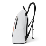 White PU leather anti-theft backpack with black straps and artistic print, travel daypack