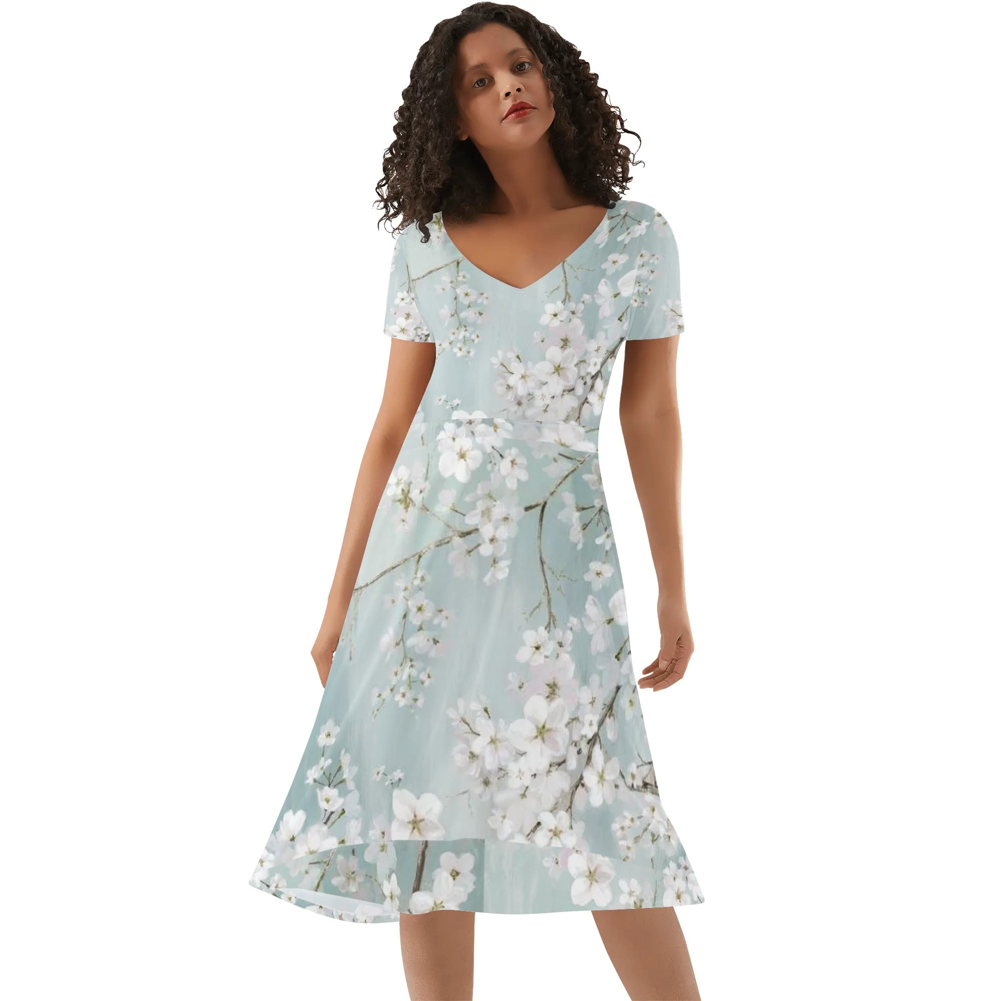 Womens Summer Dress - Plum Blossom print, V-neck short sleeve dress. Light blue floral pattern, ideal for summer occasions.