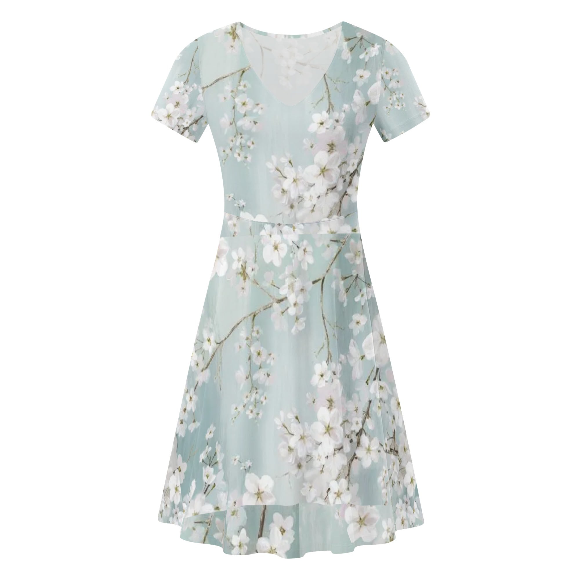Womens summer dress V-neck with plum blossom print in light blue. Knee-length short sleeve floral dress.