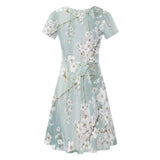 Light blue plum blossom print V-neck short sleeve summer dress for women, knee-length, party dress