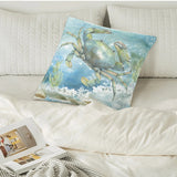 Watercolor crab throw pillow cover on bed, blue crab design, soft polyester fleece pillow cover, home decor