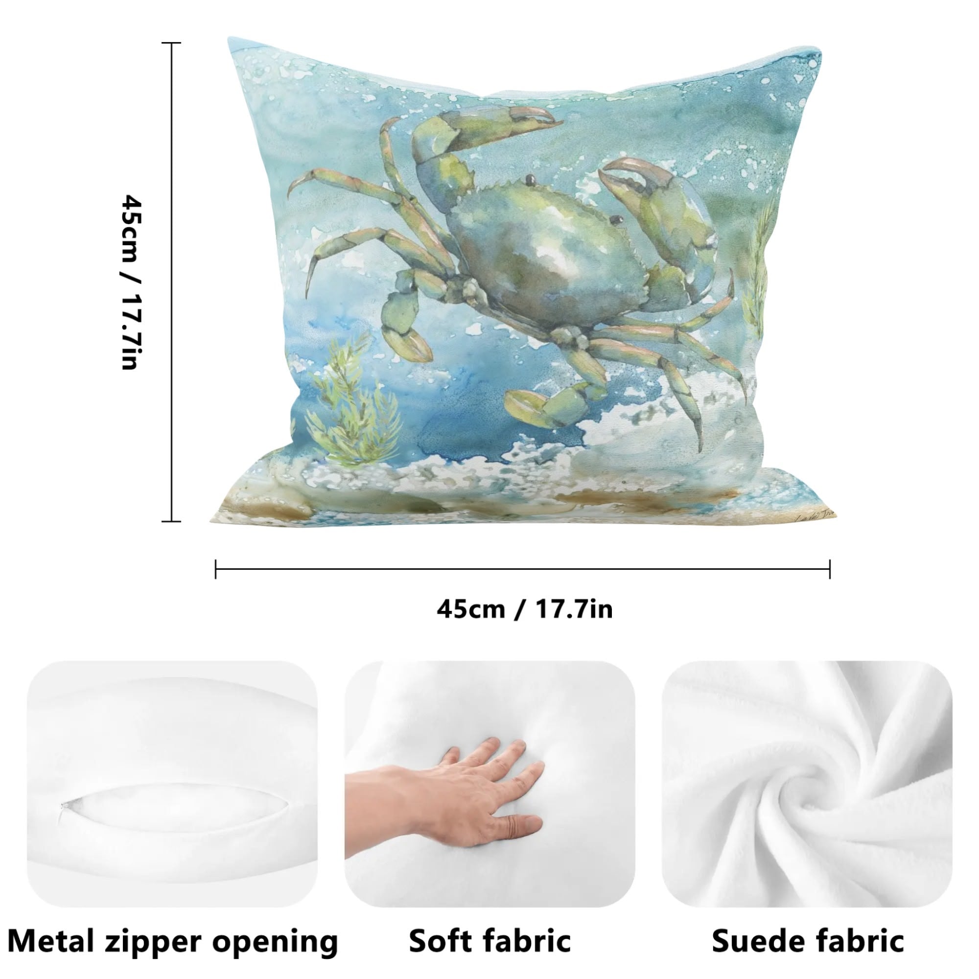 Watercolor crab throw pillow cover, double-sided printed, soft fabric, 45cm size, for sofa or bed decor