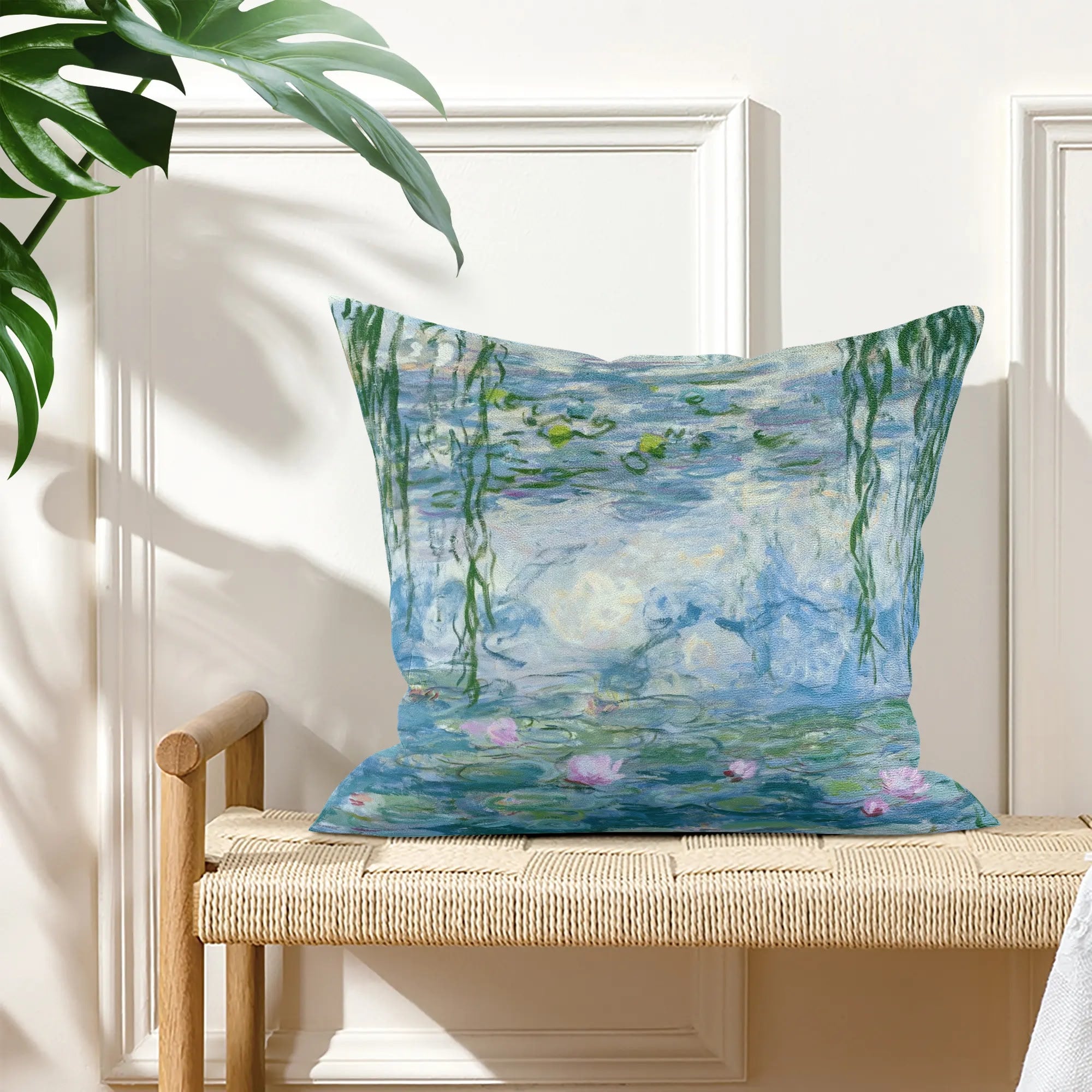 Water Lily Pillow Cover featuring Monet's artwork on a decorative throw pillow for bed or couch