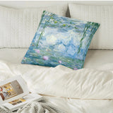 Water Lily Pillow Cover with Monet artwork on bed. Decorative throw pillow, soft fleece material.