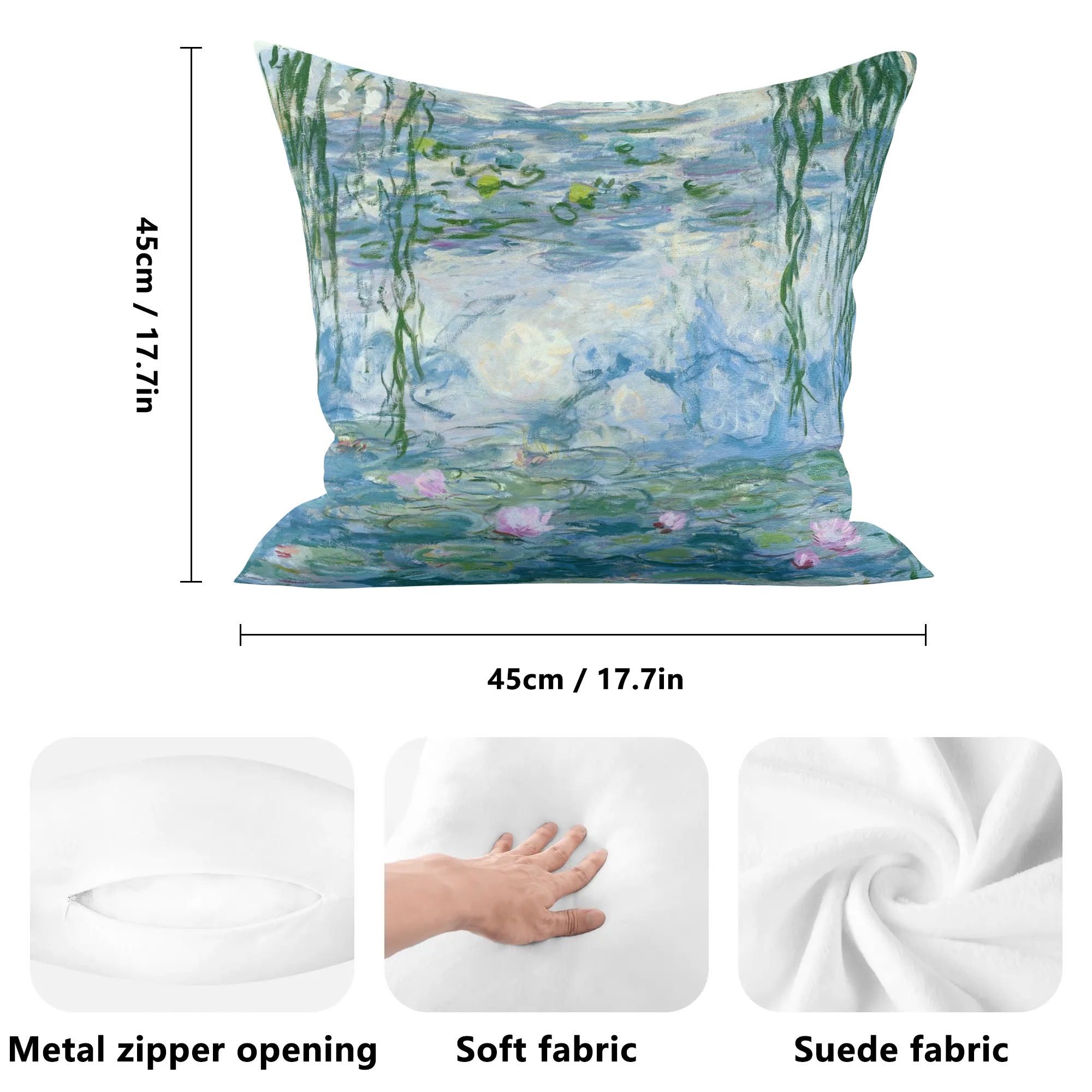Water Lily pillow cover with Monet artwork, soft fleece material, 45cm x 45cm size, double-sided printing