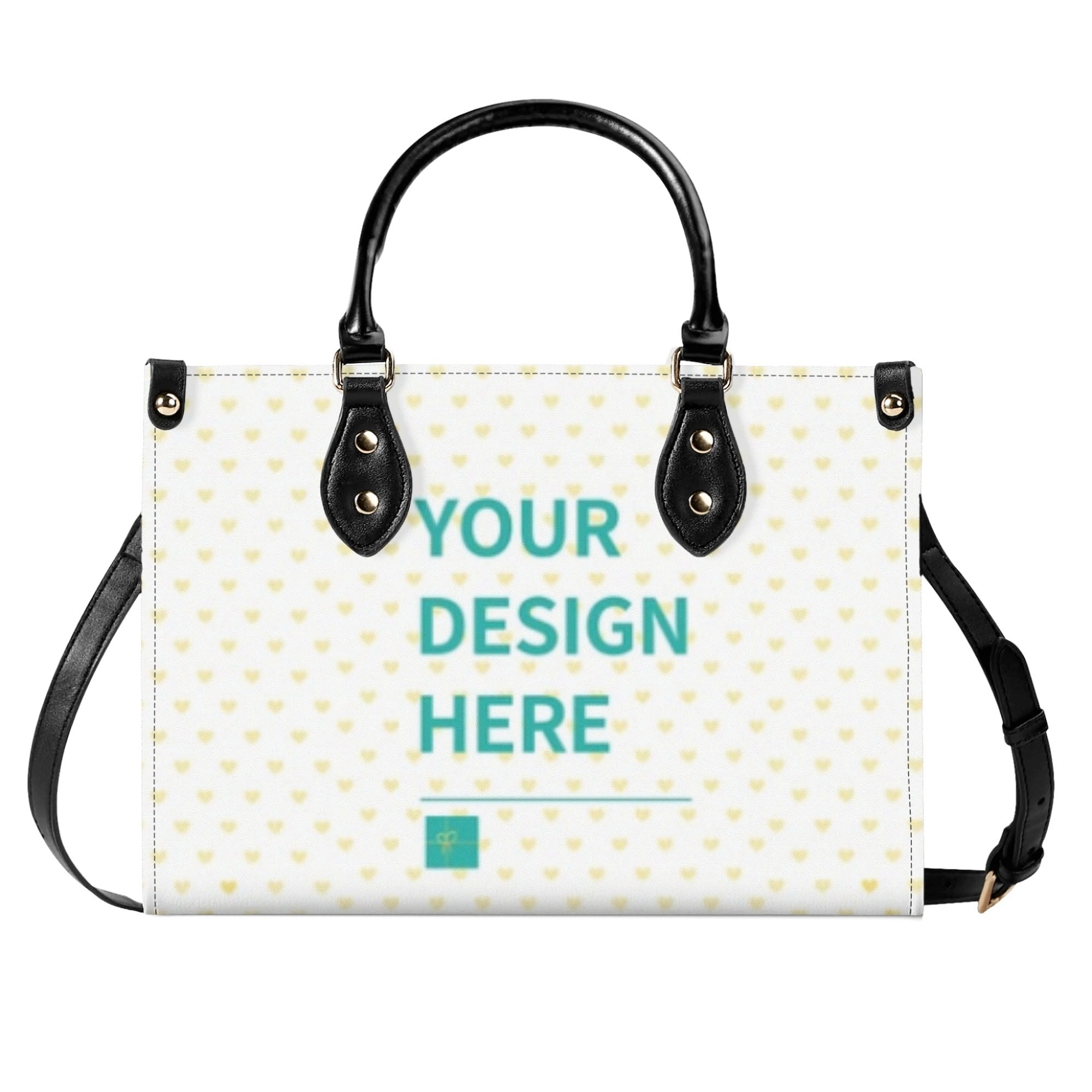 Personalized Leather Handbag with 'Your Design Here' text, black handles and strap