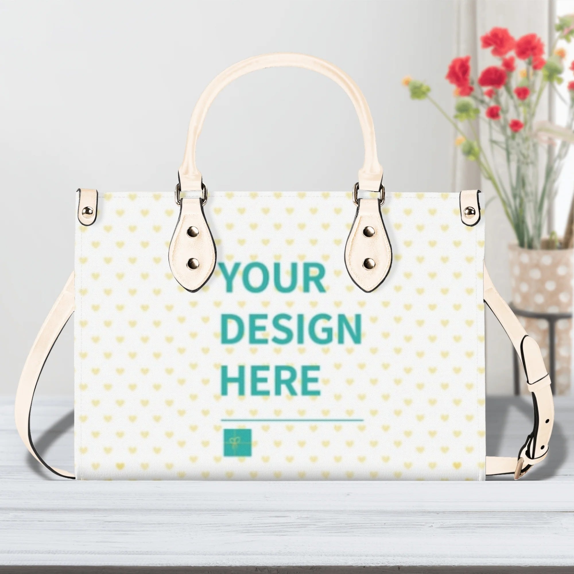 Personalized work tote bag with 'YOUR DESIGN HERE', heart pattern, white PU leather, and cream handles.