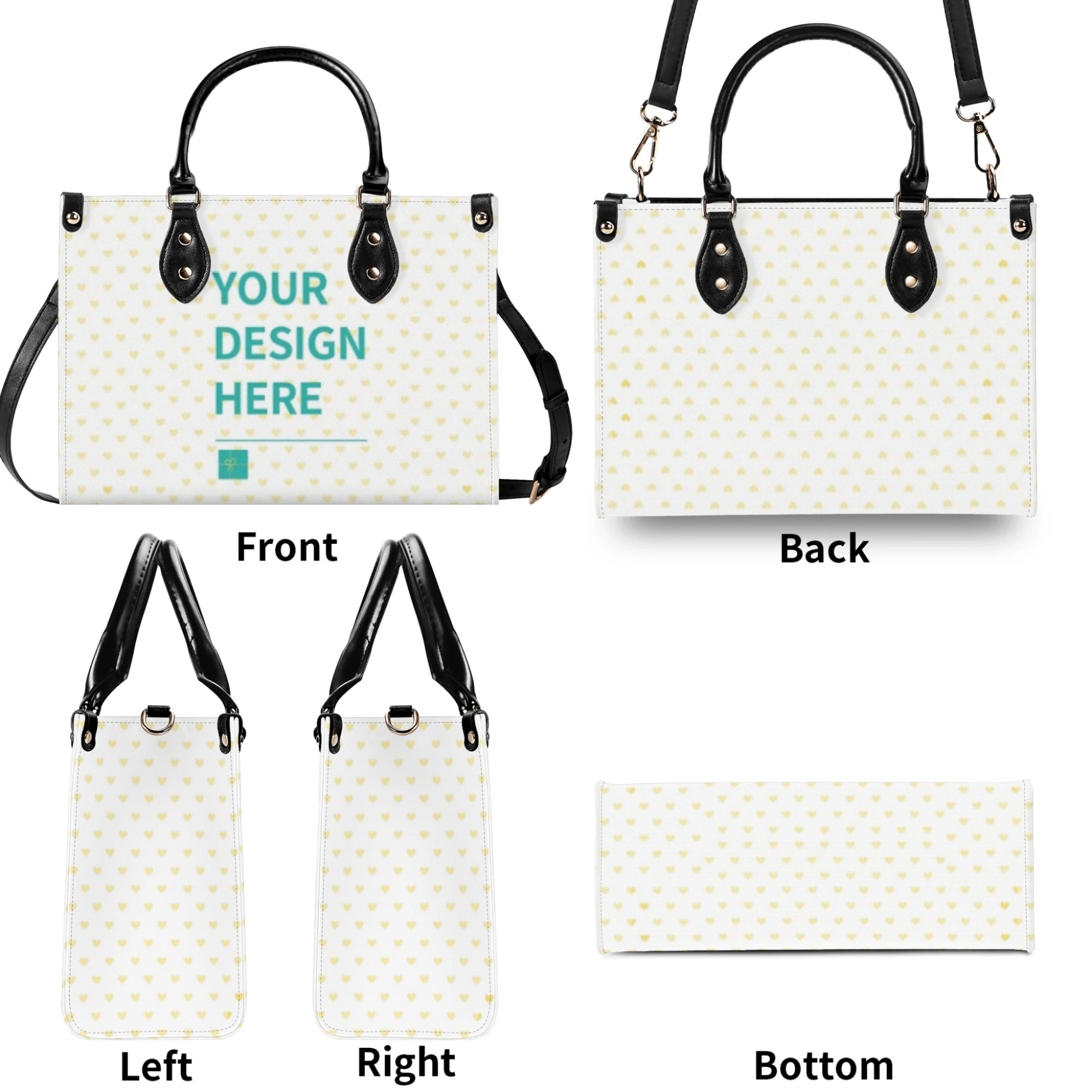 Personalized tote bag with yellow heart pattern, black handles, and 'YOUR DESIGN HERE' text, perfect gifts.