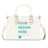 Personalized white PU leather tote bag, with 'YOUR DESIGN HERE' and heart pattern, perfect work bag