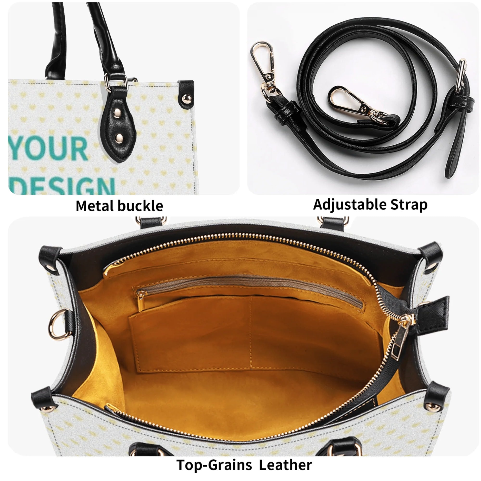 Personalized work tote bag featuring a metal buckle, adjustable strap, and top-grain leather interior with 'YOUR DESIGN'.