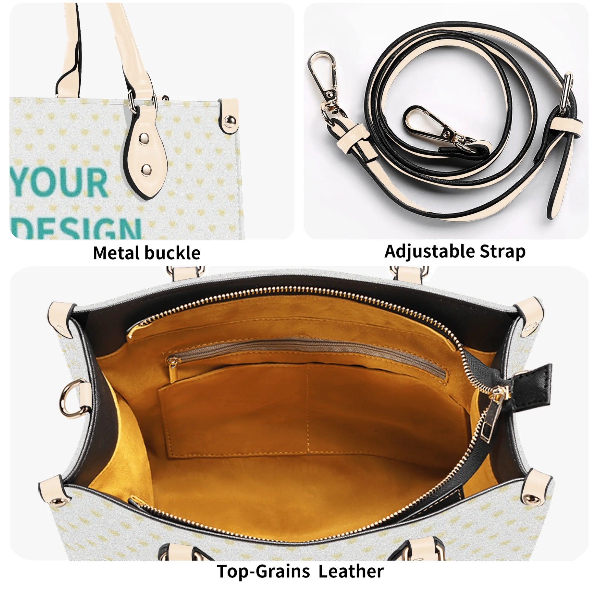 Personalized tote bag with adjustable strap, top-grain leather, and metal buckle detail; perfect work bag