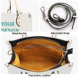 Personalized tote bag with adjustable strap, top-grain leather, and metal buckle detail; perfect work bag