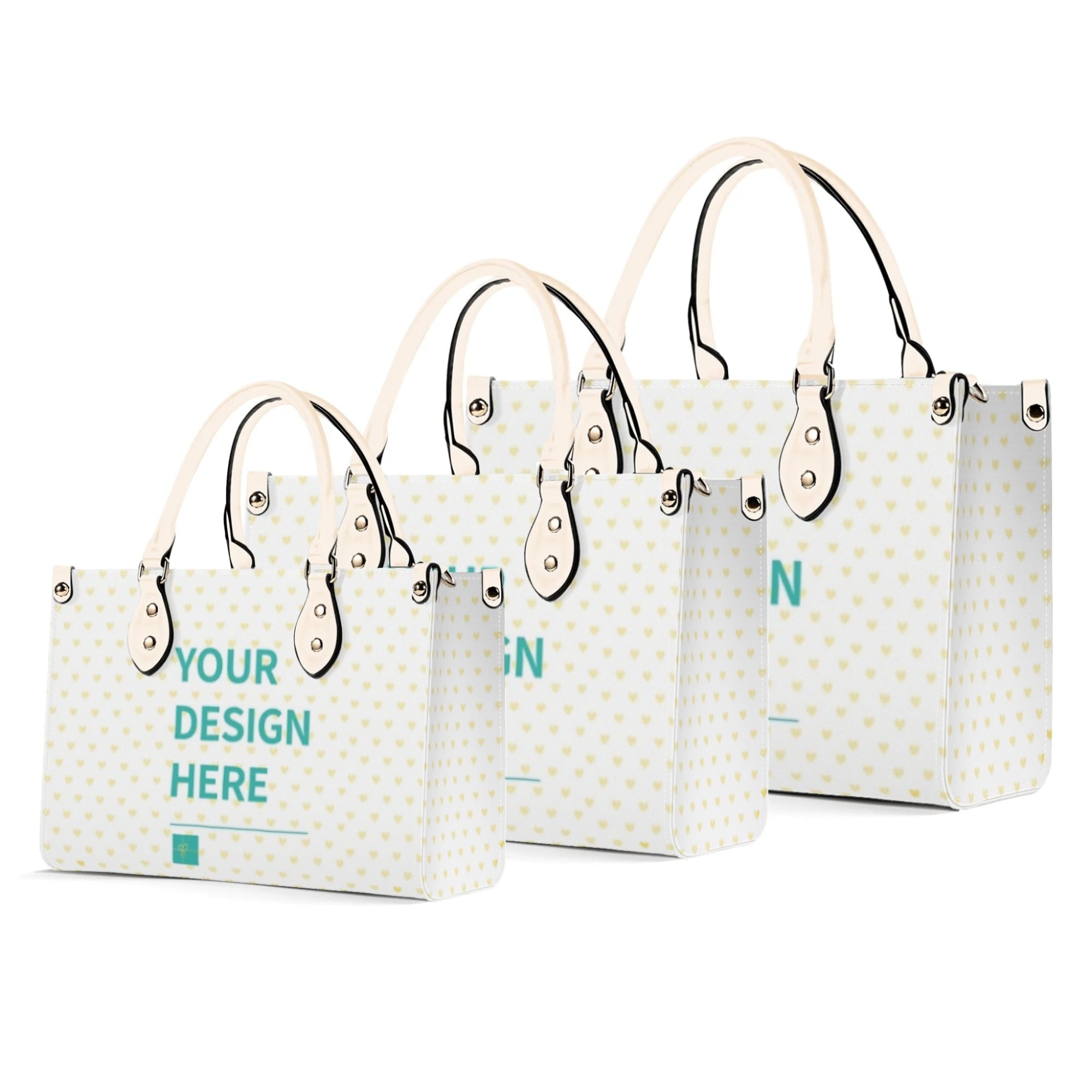 Personalized women's tote bags with your design in three sizes, white PU leather, and heart pattern, perfect work bag.