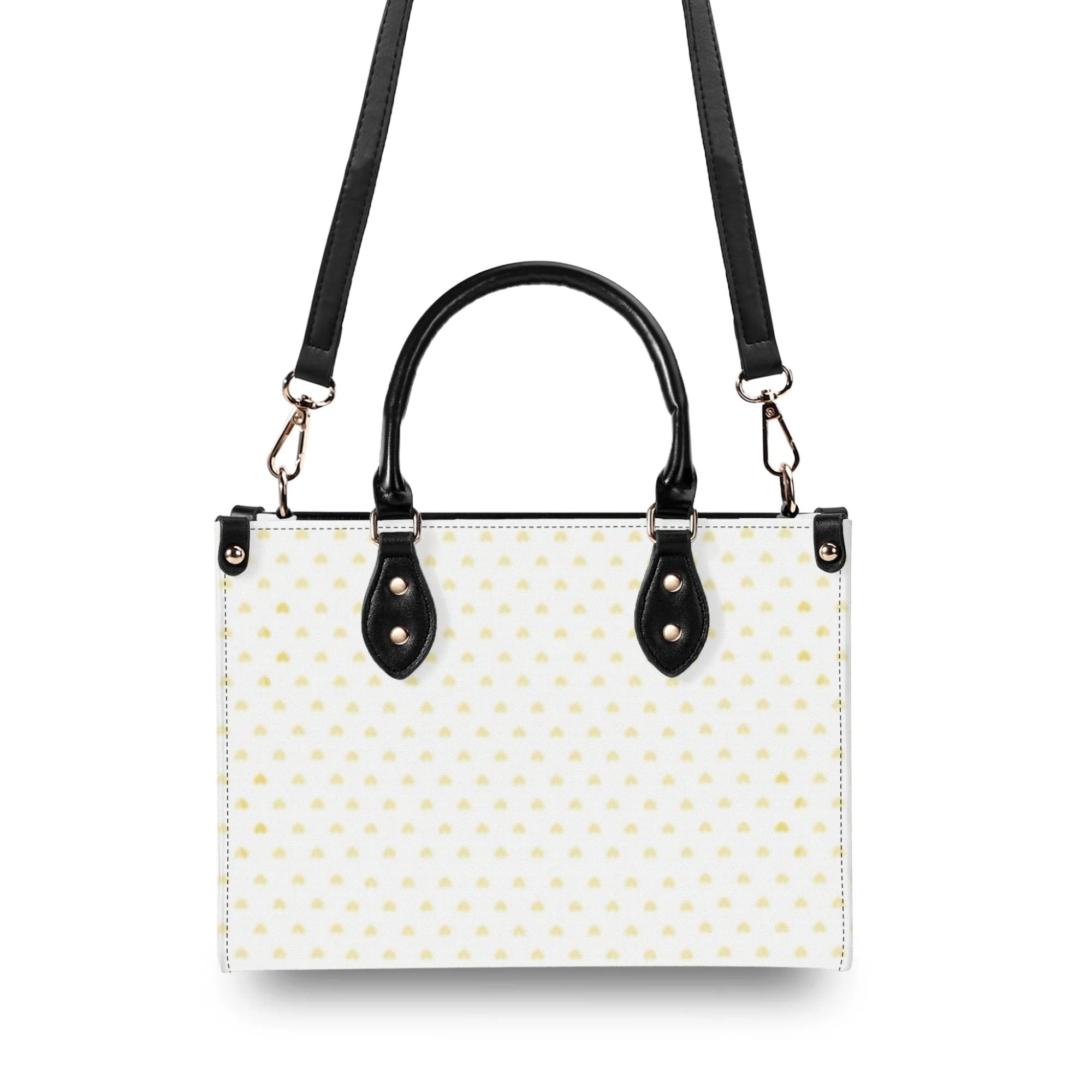 Personalized leather handbag with yellow heart pattern, black handles and strap, women's work tote bag