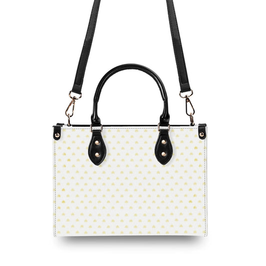 Personalized leather handbag with yellow heart pattern, black handles and strap, women's work tote bag