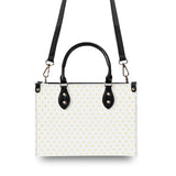 Personalized leather handbag with yellow heart pattern, black handles and strap, women's work tote bag