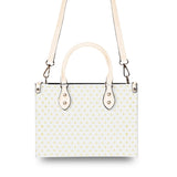 White PU leather tote bag with yellow heart pattern and black handles, perfect work bag for women and girls