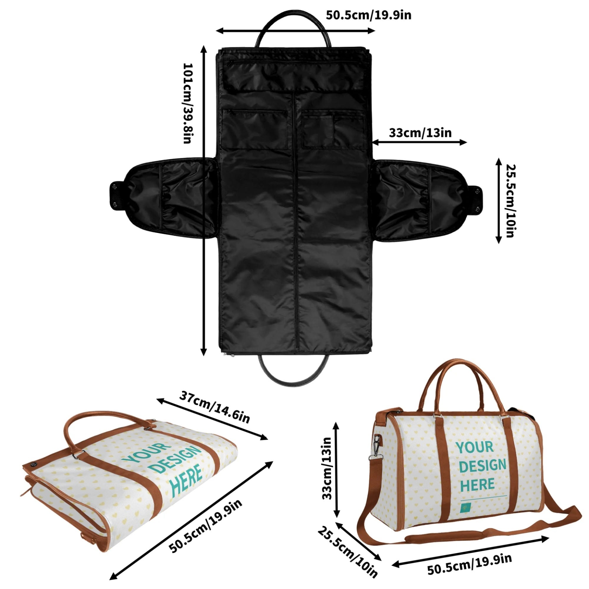 Foldable travel duffel bag, customizable with 'YOUR DESIGN HERE', available in black and brown.