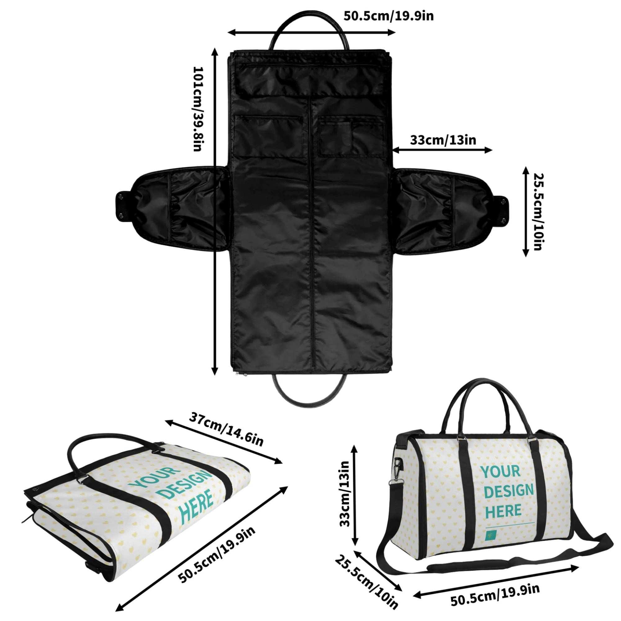 Personalized foldable travel duffel bag with custom heart design, perfect travel luggage, available in black and white