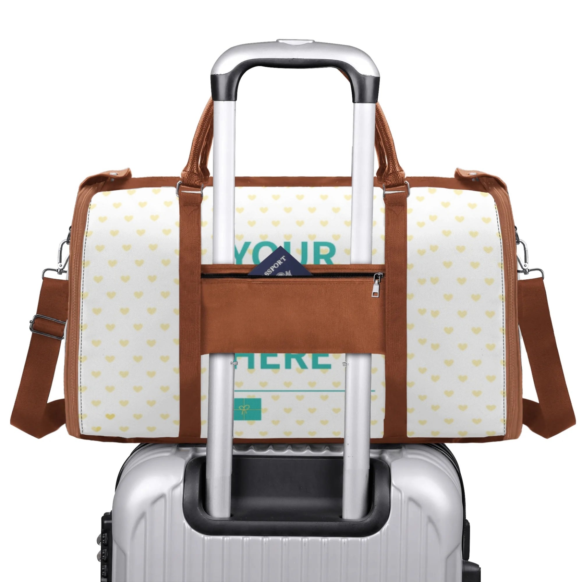 Personalized foldable travel duffel bag with custom design, heart pattern, and 'YOUR HERE' text, perfect travel luggage.