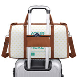 Personalized foldable travel duffel bag with custom design, heart pattern, and 'YOUR HERE' text, perfect travel luggage.