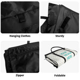 Black foldable travel duffel bag features: hanging clothes, sturdy, zipper and foldable design.