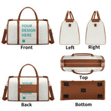 Customizable travel duffel bag with heart pattern, and brown accents, ideal for personalized gifts, foldable travel luggage.