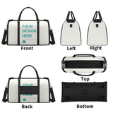 Personalized foldable travel duffel bag with 'YOUR DESIGN HERE' and heart pattern, ideal travel gift.