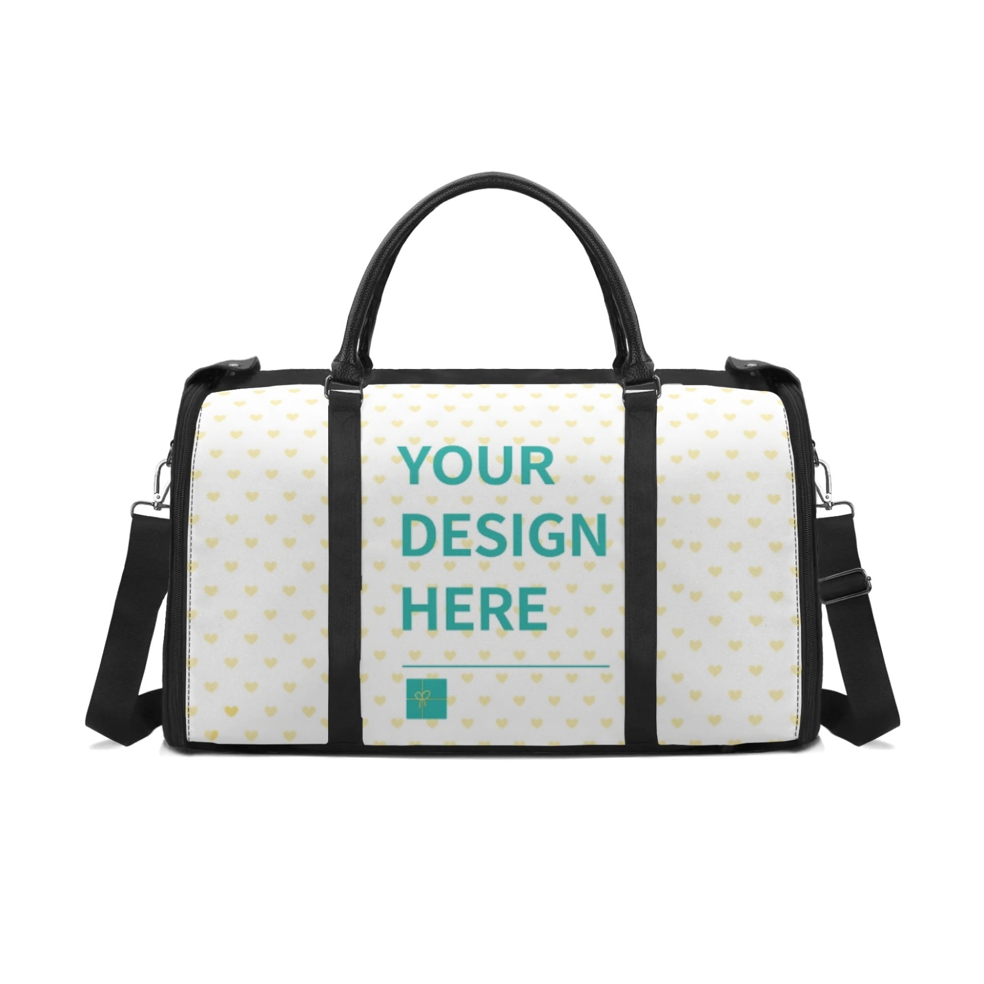 Customizable travel duffel bag with heart pattern and 'YOUR DESIGN HERE' text, foldable luggage