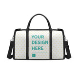 Customizable travel duffel bag with heart pattern and 'YOUR DESIGN HERE' text, foldable luggage