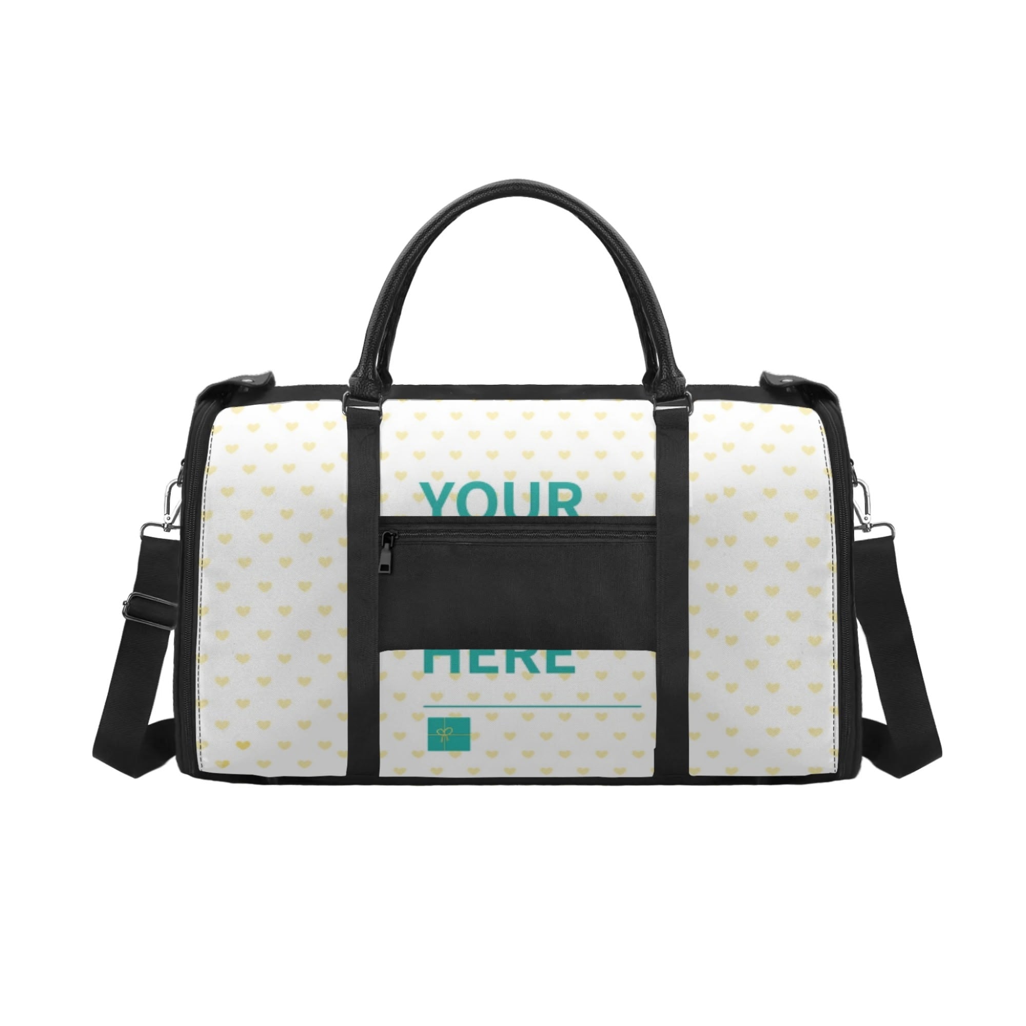 Personalized foldable travel duffel bag with heart pattern and 'YOUR HERE' text, travel luggage