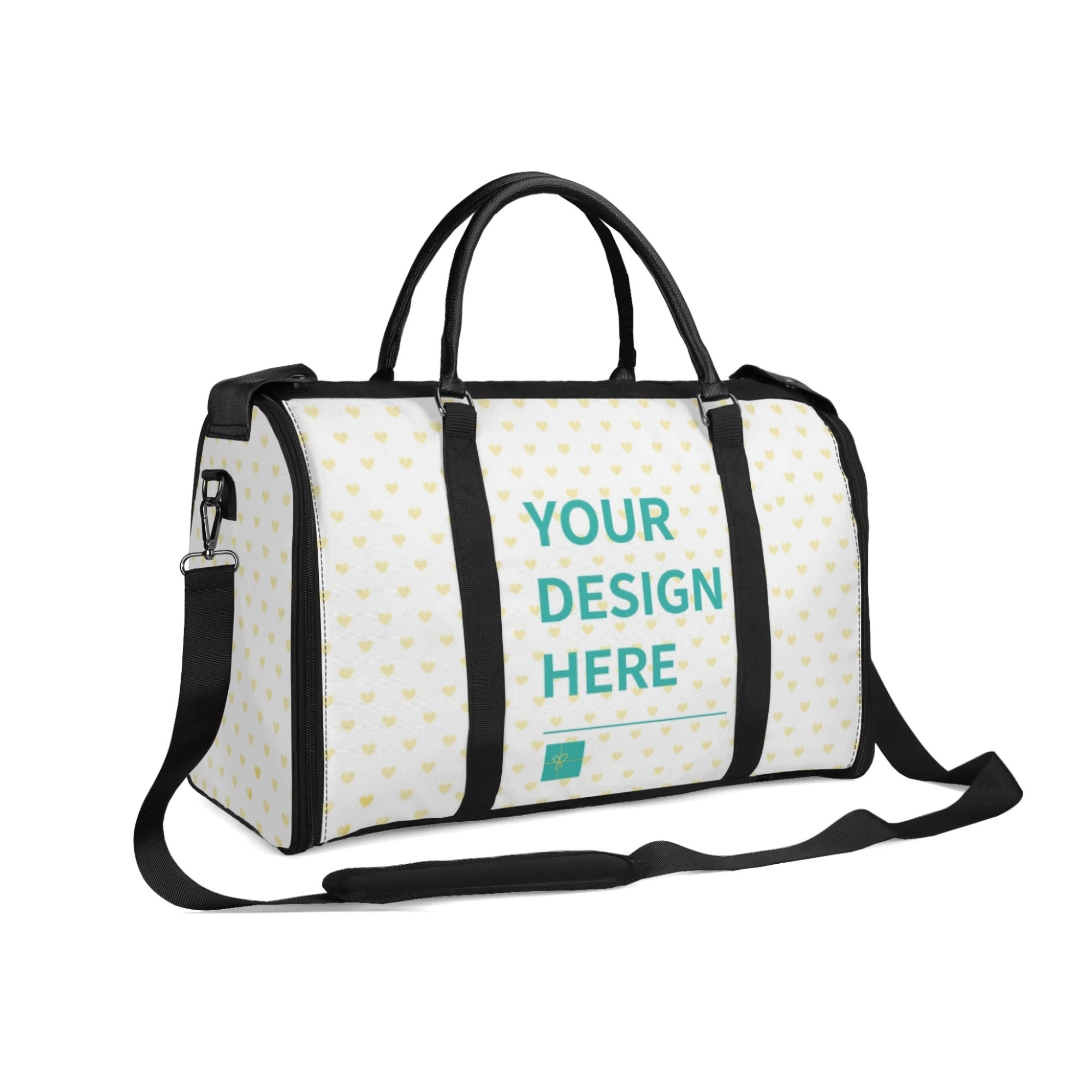 Customizable travel duffel bag with heart pattern, 'YOUR DESIGN HERE', black handles and strap