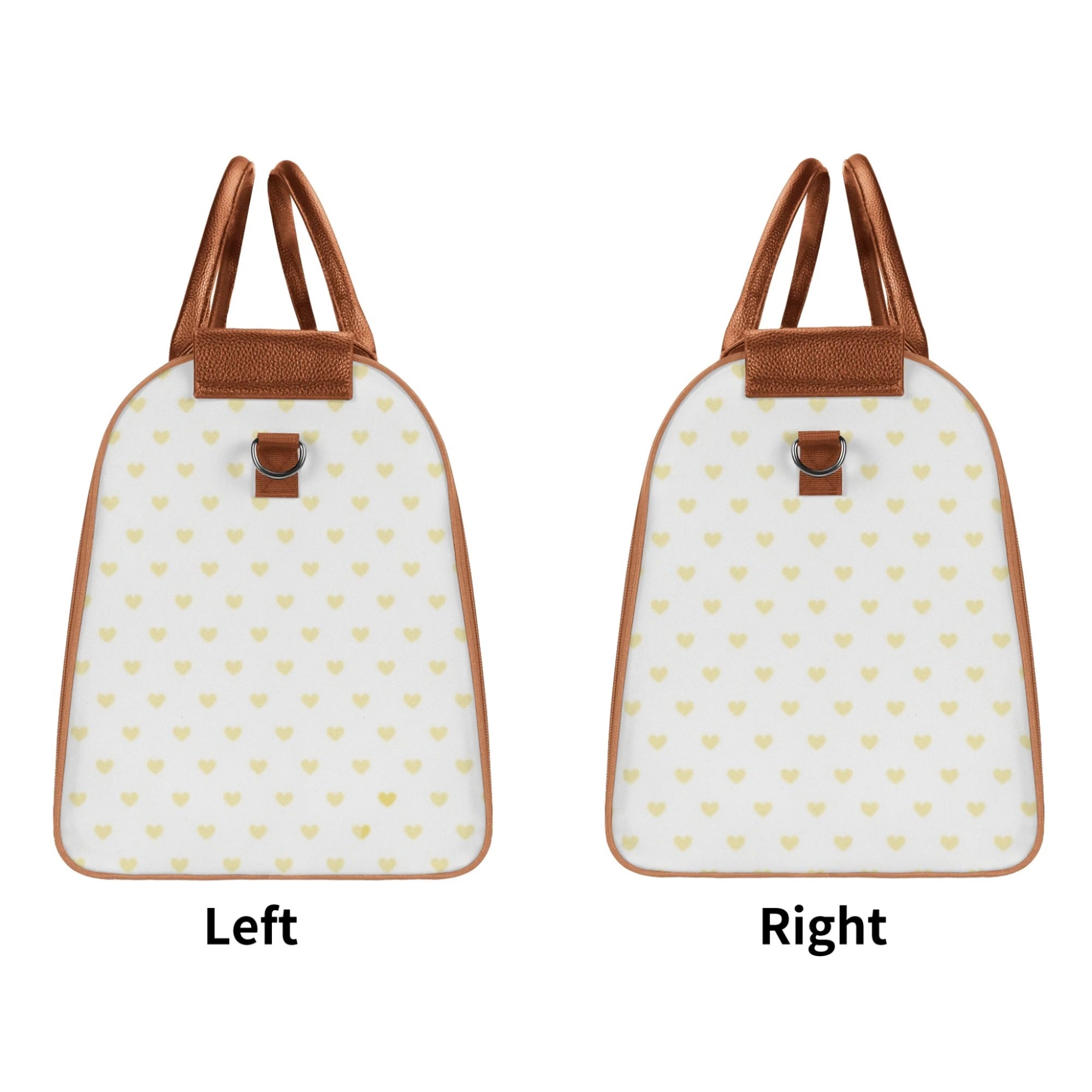 Foldable travel duffel bag with heart pattern, brown handles and edges, ideal gift for women and men.