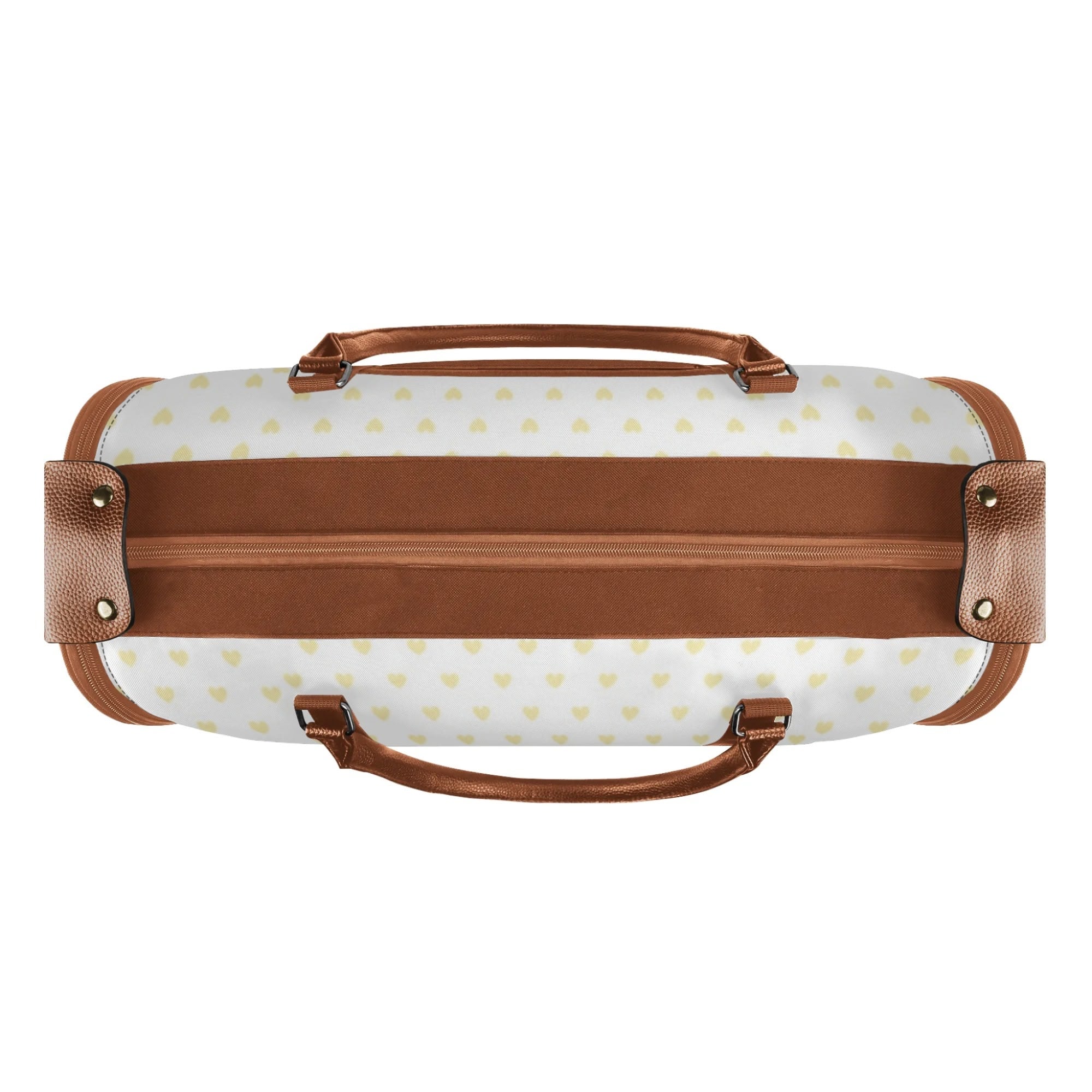 Foldable travel duffel bag with heart pattern and brown leather accents, perfect travel gift.