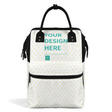Personalized Mummy Backpack with 'YOUR DESIGN HERE', white with yellow hearts, black accents, baby care bag.