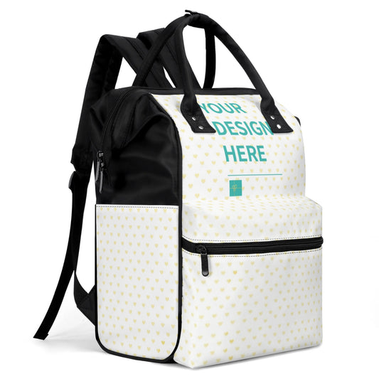Personalized white mummy backpack with heart pattern, "YOUR DESIGN HERE" baby bag.