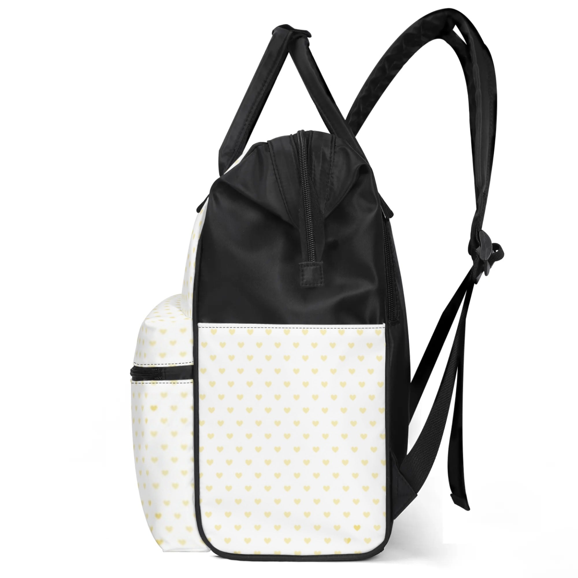 Black and white baby backpack with yellow heart pattern, large capacity, multi-pocket design.