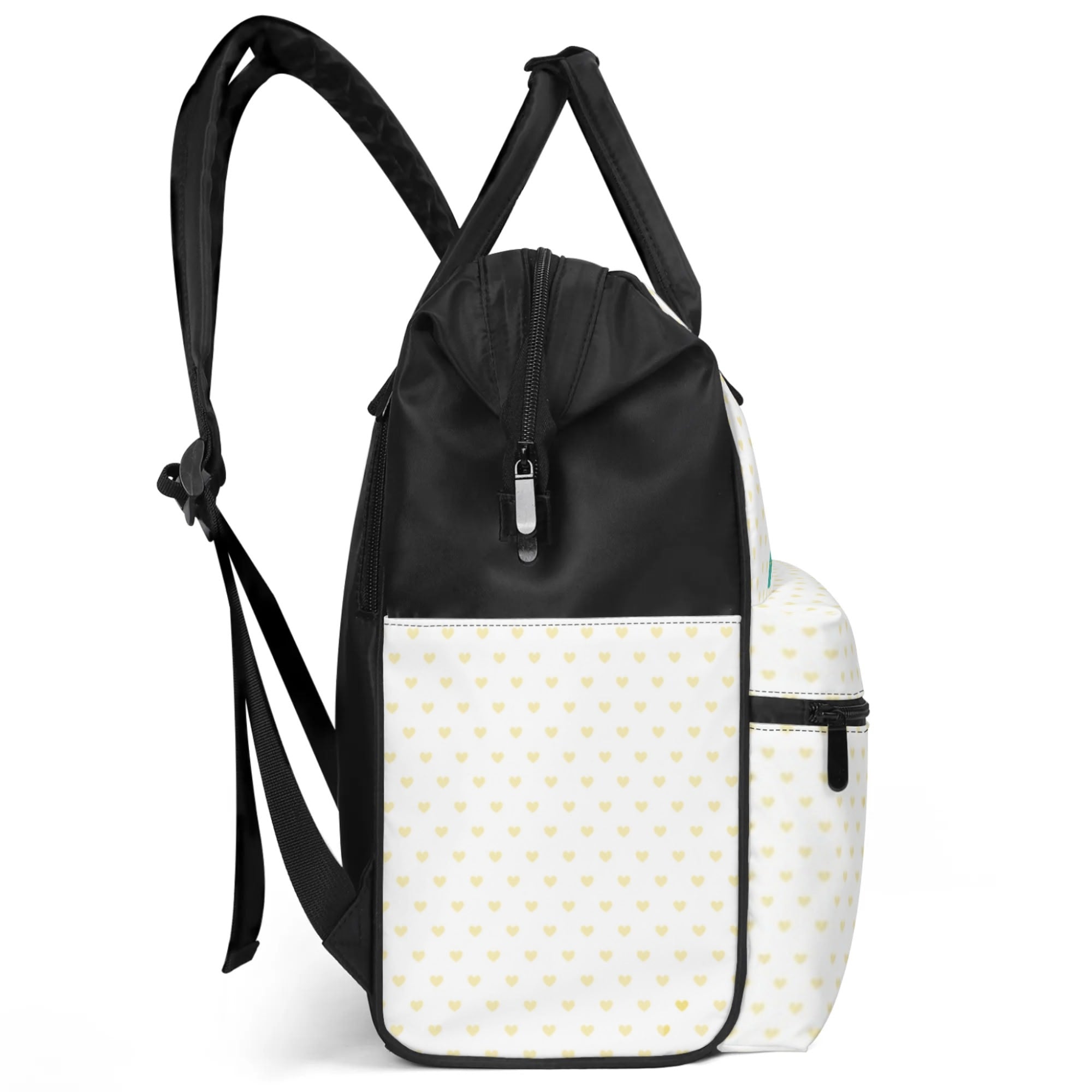 Large Capacity Mummy Backpack with yellow heart pattern, black and white design for baby care