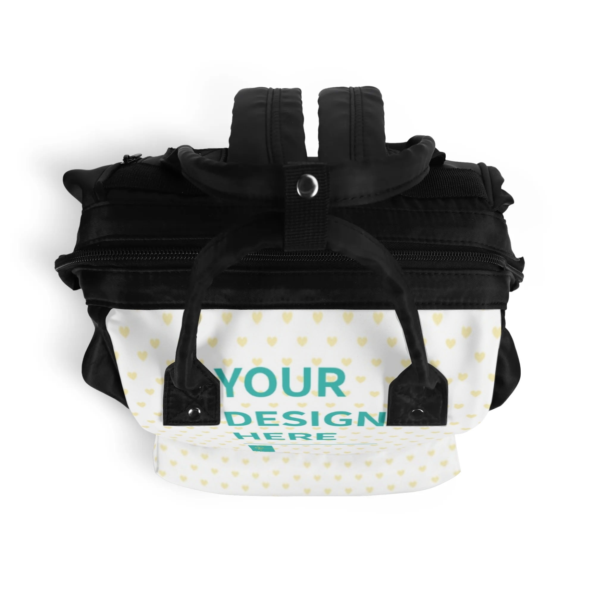 Personalized mummy backpack with heart pattern and 'YOUR DESIGN HERE', black and white baby care bag.
