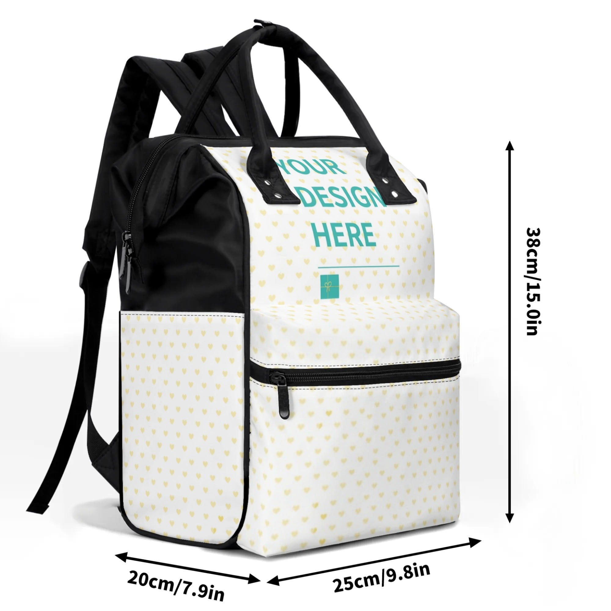 Personalized mummy backpack with 'YOUR DESIGN HERE', white with yellow hearts, black accents, diaper bag.