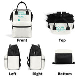 Personalized mummy backpack with 'YOUR DESIGN HERE' text, white with yellow hearts, black accents, diaper bag.
