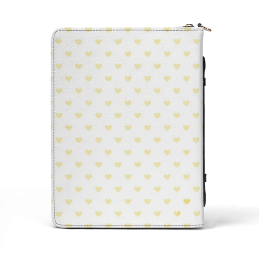 White PU leather Bible cover with yellow heart pattern, zippered closure, for men and women.