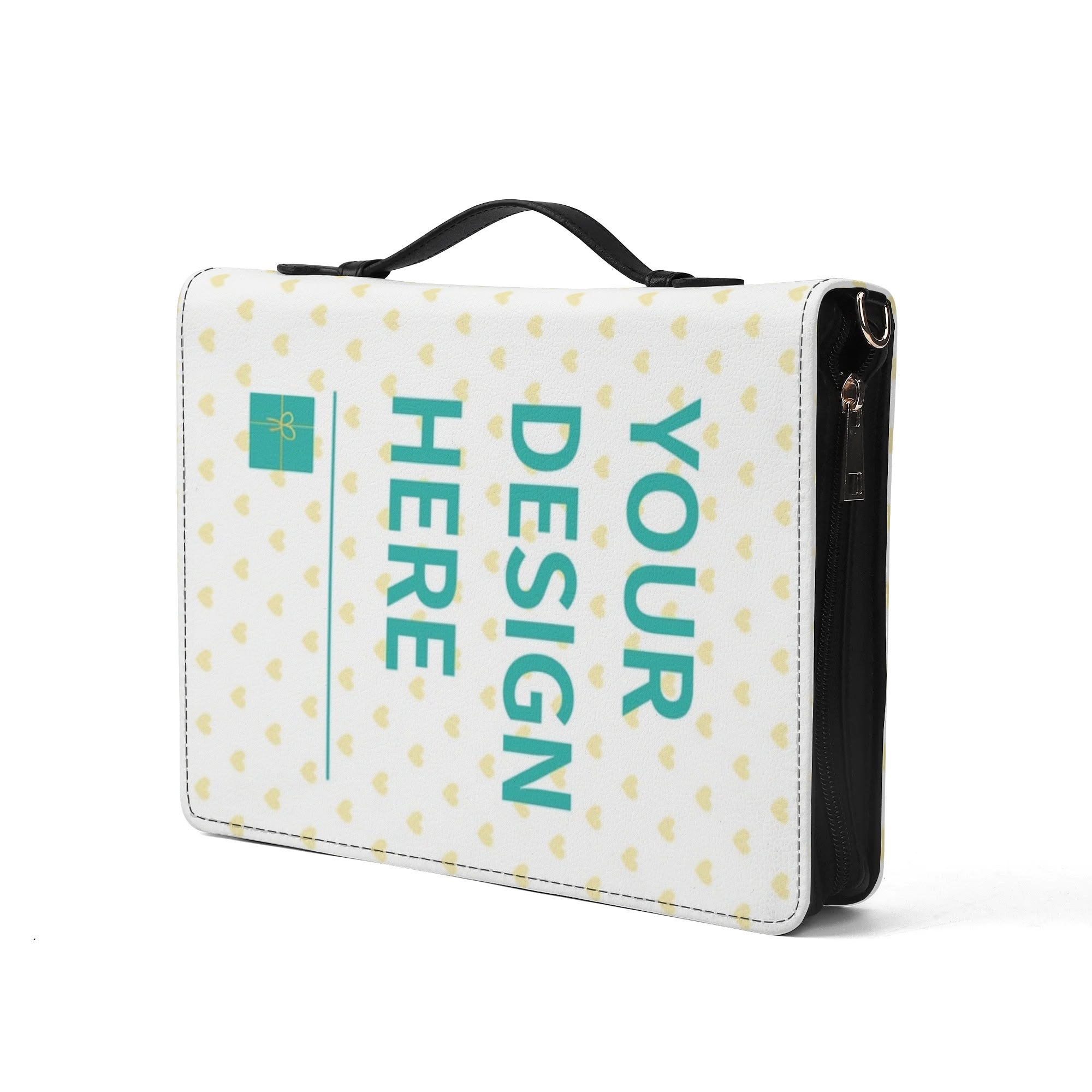 Personalized PU Leather Bible Cover with custom design area, featuring a heart pattern and zippered closure