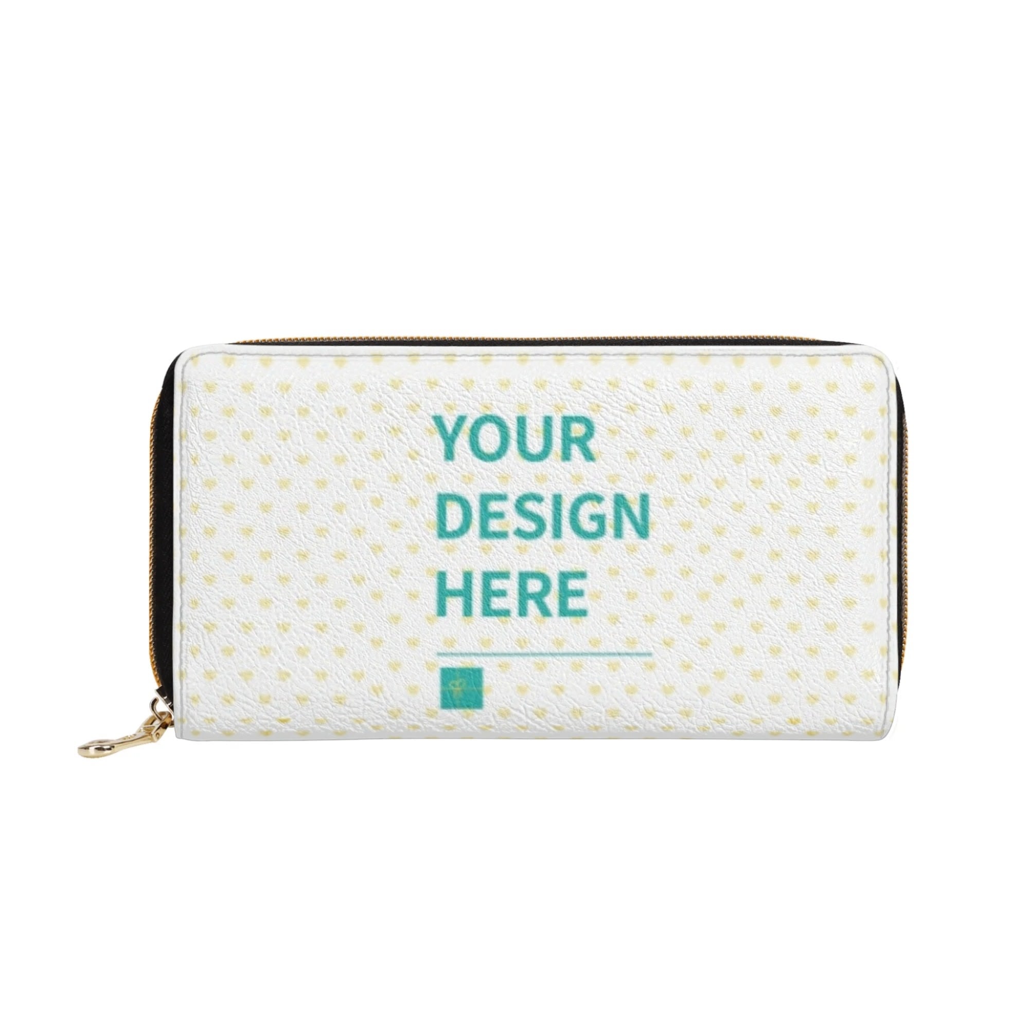 Customizable long wallet with 'YOUR DESIGN HERE' text, PU leather, zipper closure