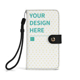 Customizable PU leather flip phone case wallet with 'YOUR DESIGN HERE', features card slots and kickstand