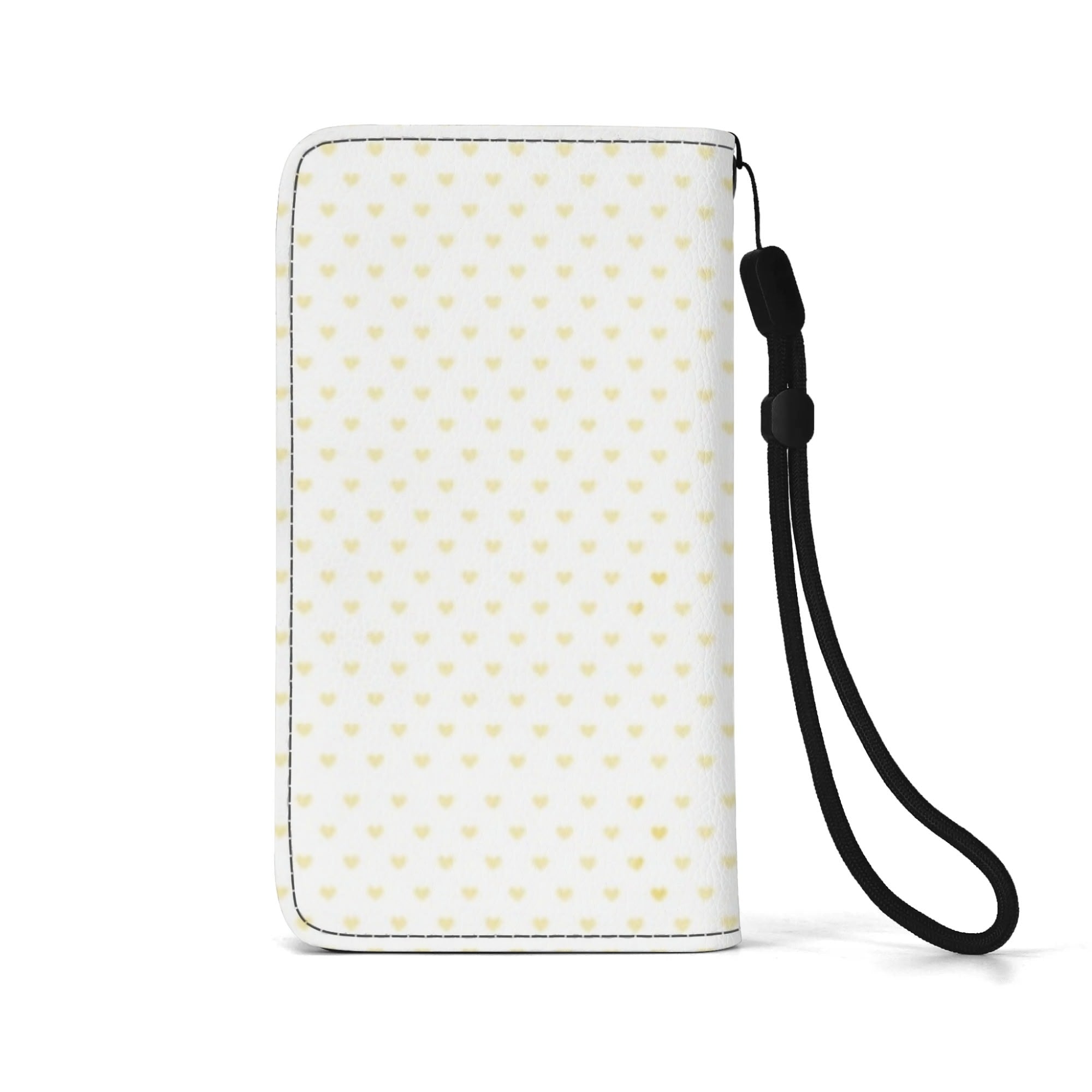 PU leather flip phone case wallet with heart pattern, featuring card slots and wrist strap