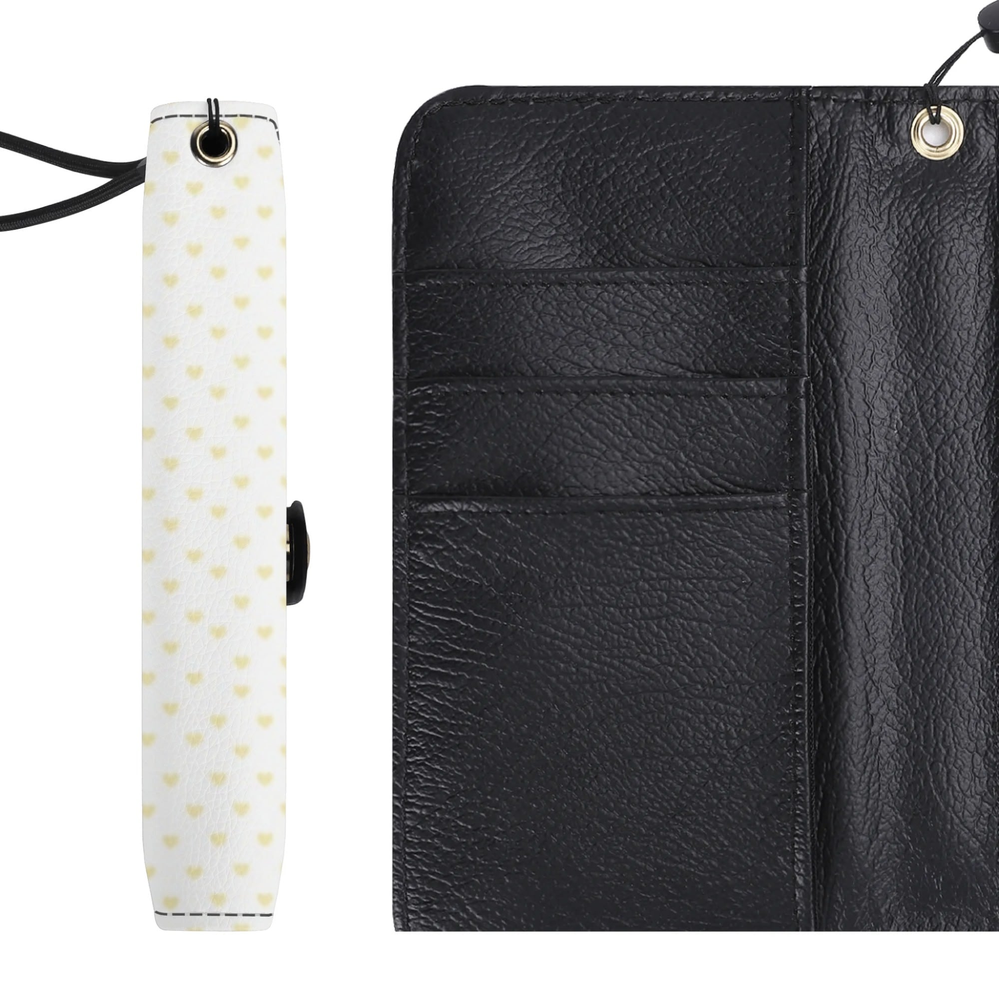 Custom PU leather flip phone wallet, white with yellow hearts pattern, black interior with card slots, for men and women.