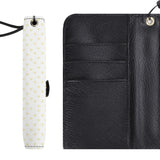Custom PU leather flip phone wallet, white with yellow hearts pattern, black interior with card slots, for men and women.