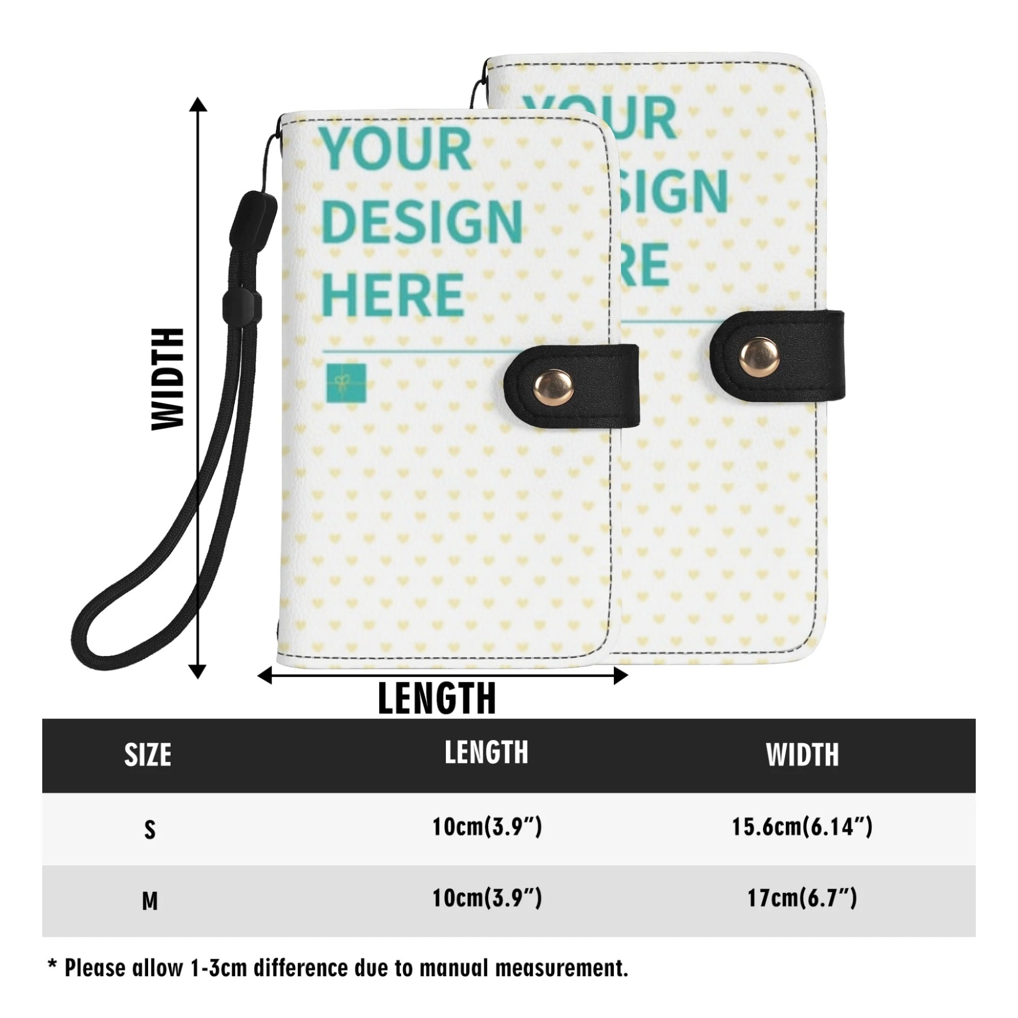 Custom PU leather phone wallet, YOUR DESIGN HERE, available in S and M sizes with card slots and wrist strap.